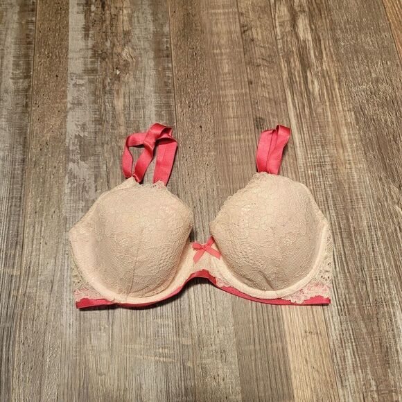 Victoria Secret White Pink Lace Dream Angels Lined Demi Bra 32D - Picture 1 of 6